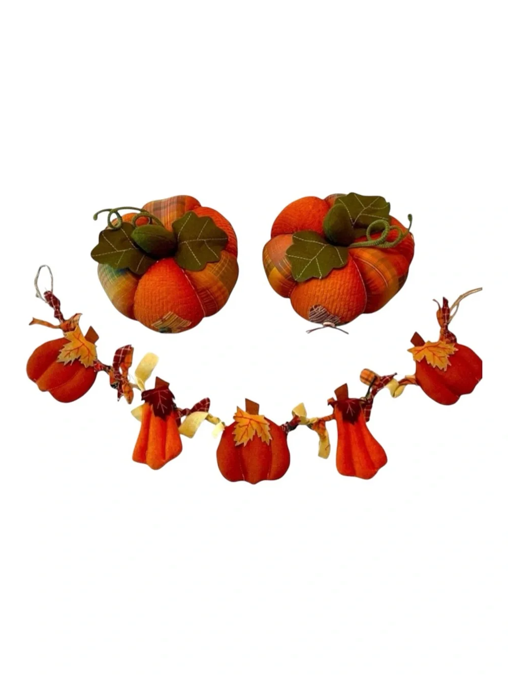 Handcrafted Felt Bundle Swag Patchwork Plaid Stuffed Pumpkins Fall Thanksgiving